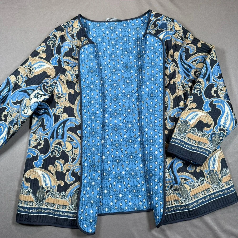Catherines Petite Paisley Quilted Open Front Jacket Blue Tan 0XWP‎ 14/16WP